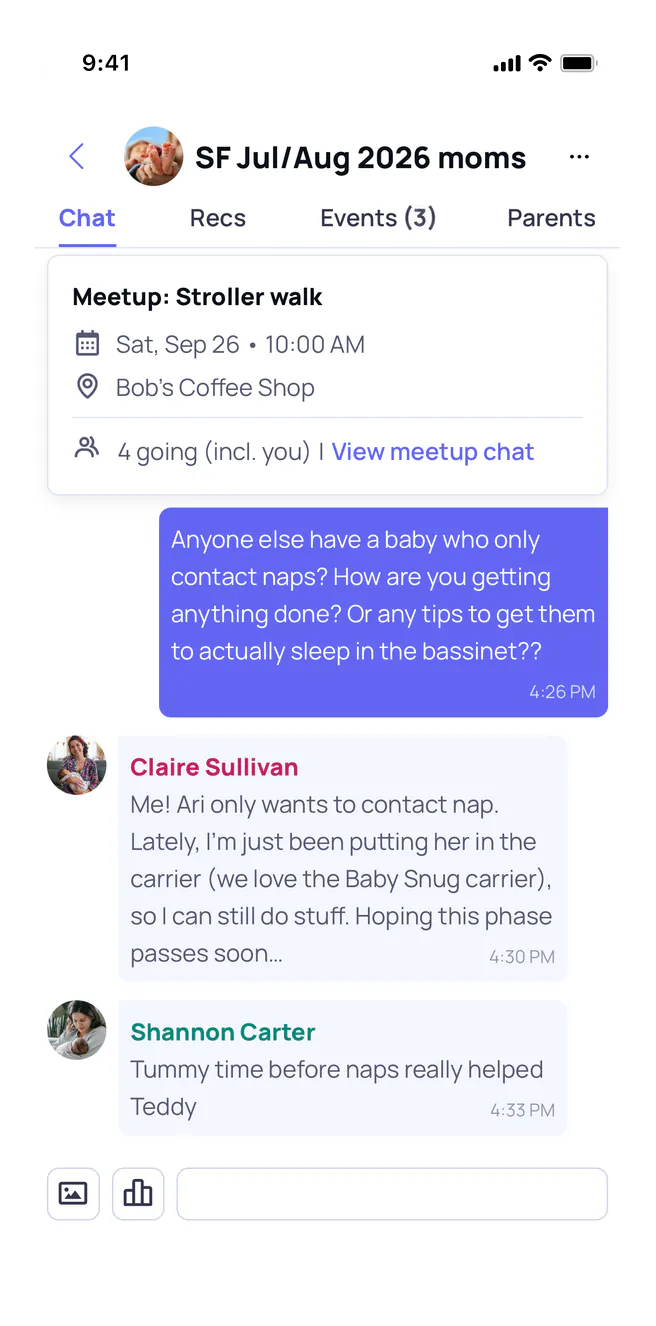 The group chat screen, showing members planning a meetup together