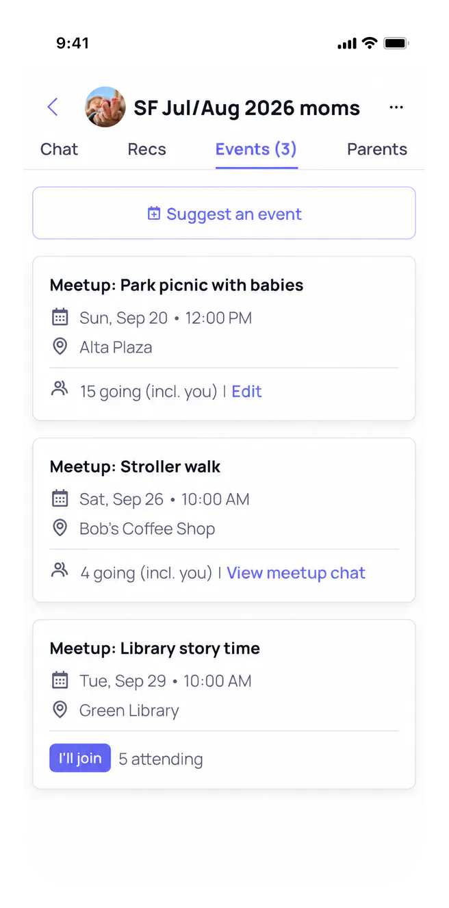 An events page listing the upcoming meetups members can join