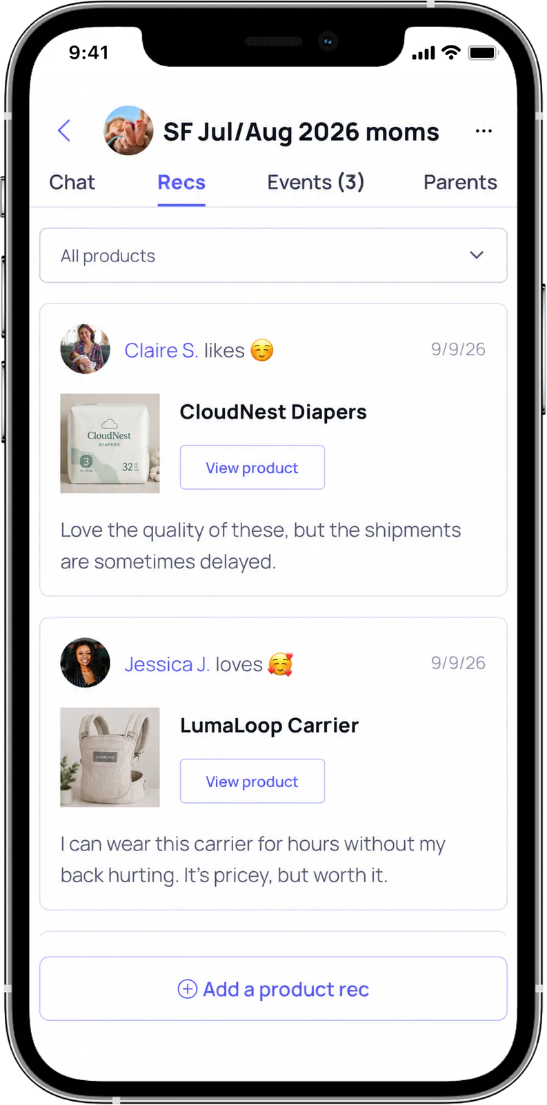 The recommendations screen, listing products and local businesses other parents suggested