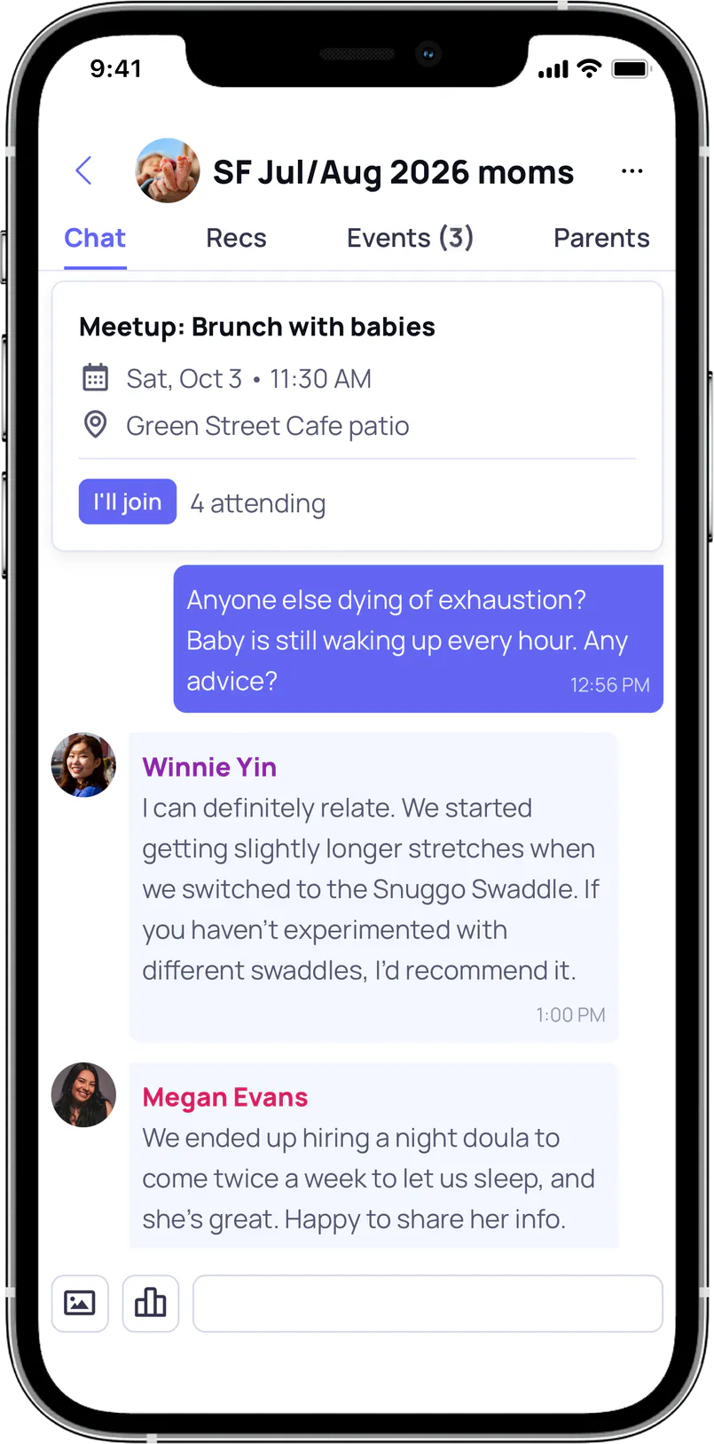 The group chat screen, where parents reply to a question asking for advice