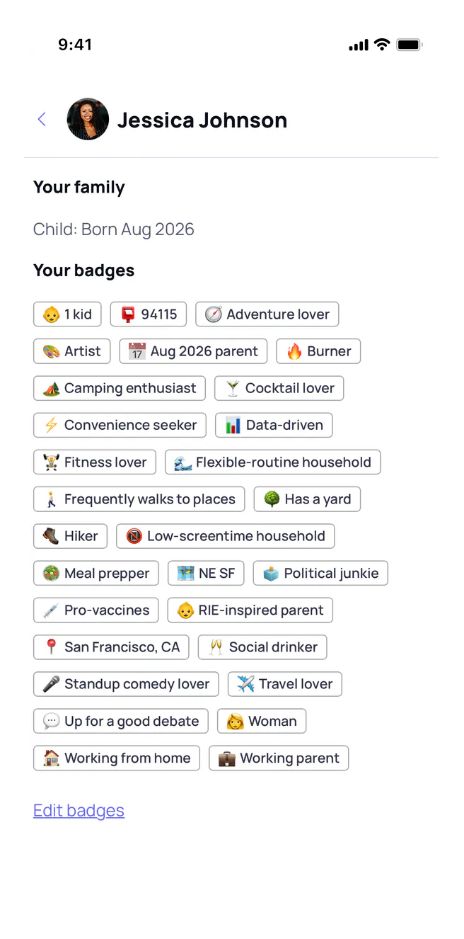 A member profile, showing the badges describing where they live and their stage of parenthood