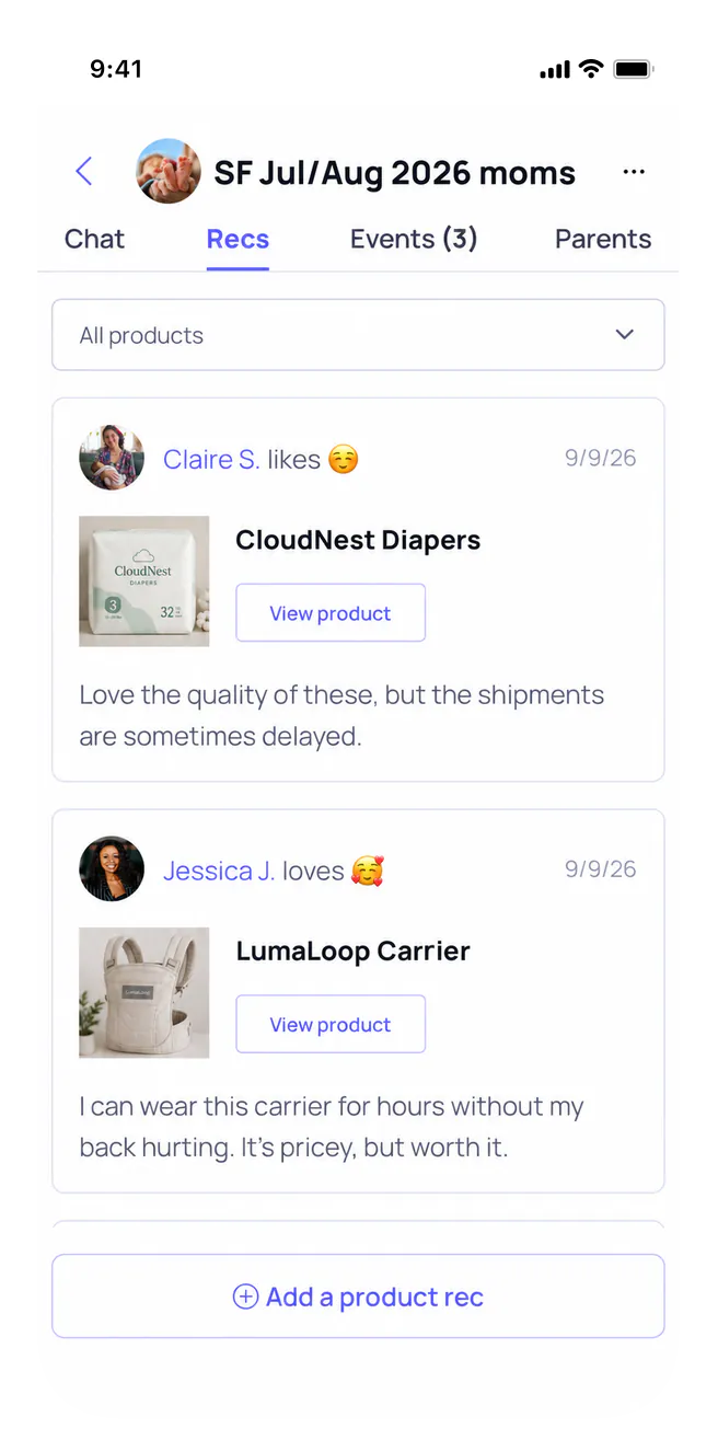 The recommendations screen, listing products and local businesses other parents suggested